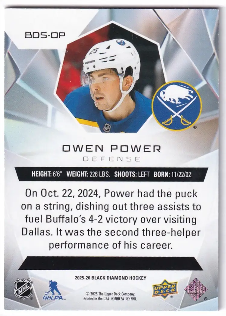 2025-26 Black Diamond Diamond Stars #BDSOP Owen Power Buffalo Sabres Hockey Card