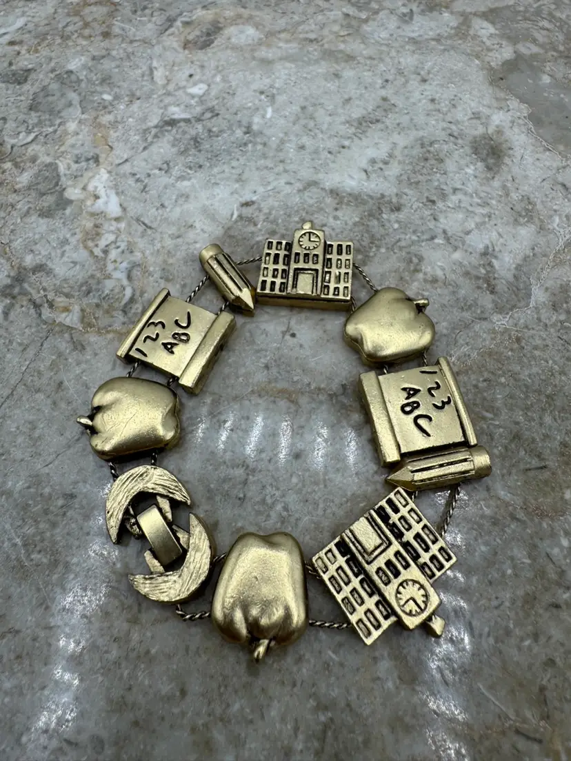 Vintage TOFA Gold Tone School Slider Bracelet Size 7