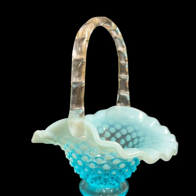 Fenton Blue Opalescent Small Criped Basket w/ Applied Clear Bamboo Handle