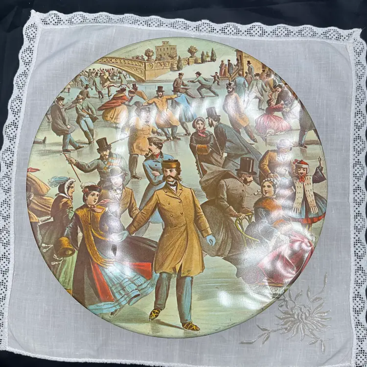 Vintage Sewing Notions In Maurice Lemell Currier And Ives Winter Scene Cookie Tin 3 1/2” x 10”