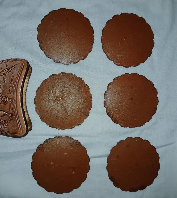 Vintage Nasca Peru Hand Tooled Leather Peruvian Coasters and Holder - set of 6