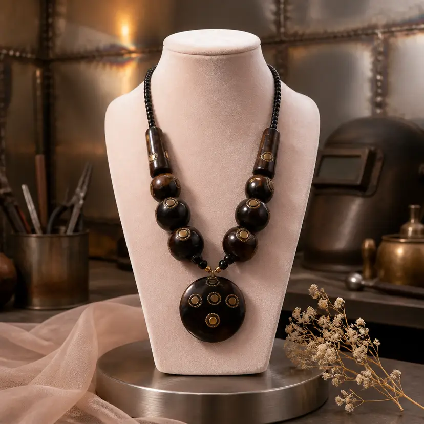 African Beaded Statement Necklace w/ Dark Bone Beads and Inlaid Brass, 11.5"