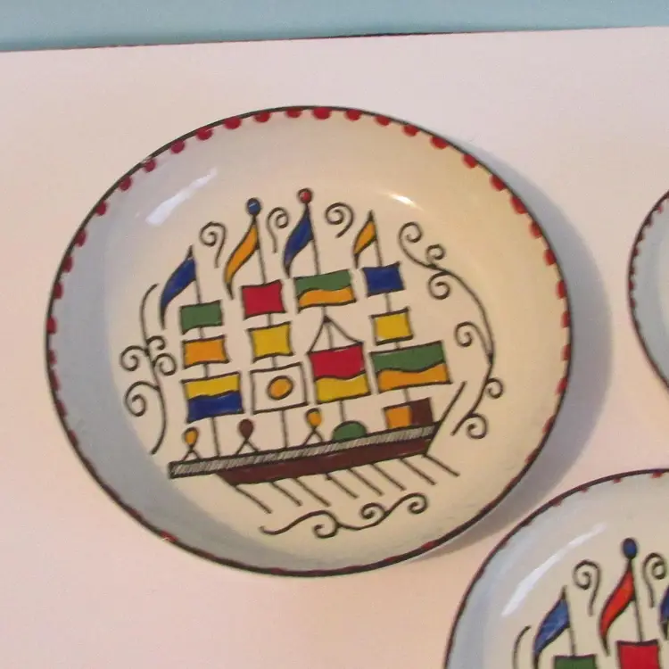lot of 3 colorful vintage Greek enamel art ship Moissiadis Greece trinket dish