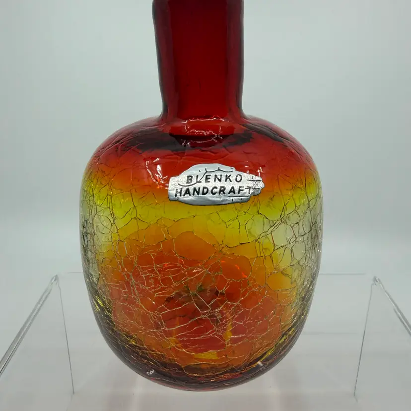 Vtg Blenko Amberina Crackle Glass Bottle/Vase 6” Glows