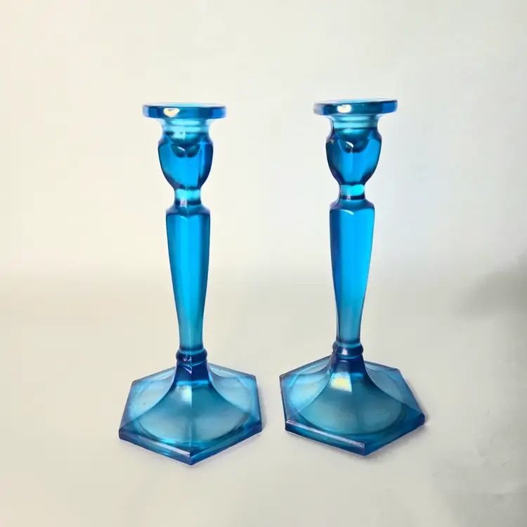 242  Antique Fenton Florentine Celeste Blue Candlesticks Carnival Glass 1920s Pair