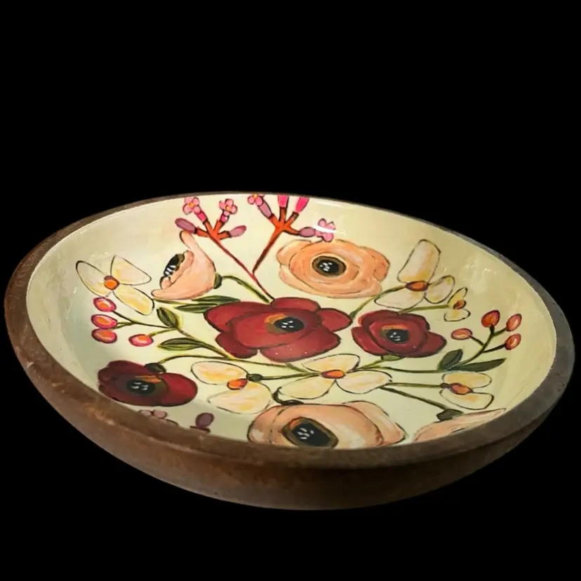 Creative Co-Op - Kellie Montana Floral Bowl – 7.75” Ceramic & Wood, Hand-Painted