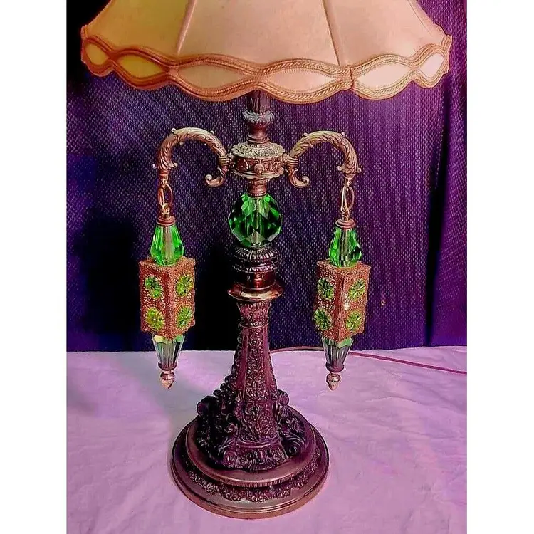 Vintage Loevsky & Loevsky Hollywood Regency Antique Filigree Table Lamp w/2 Lighted Pendants