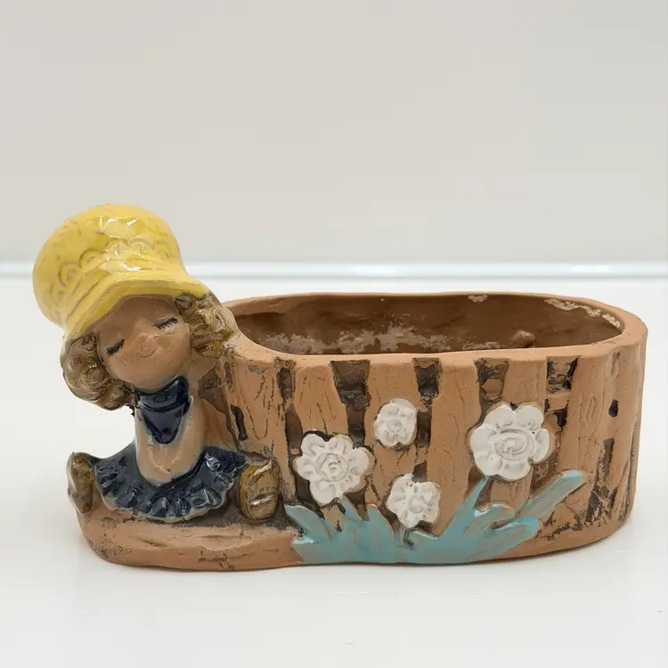 Mcm Ceramic Little Girl With Yellow Hat Vintage Planter