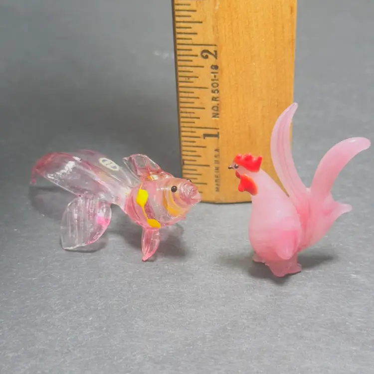 #1454 Glass Pink Animal figurines Rooster And Fish