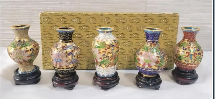 Five (5) Vintage Mini Chinese Cloissoné Vases on Wooden Stands . Measures 2 ½" tall w/stand