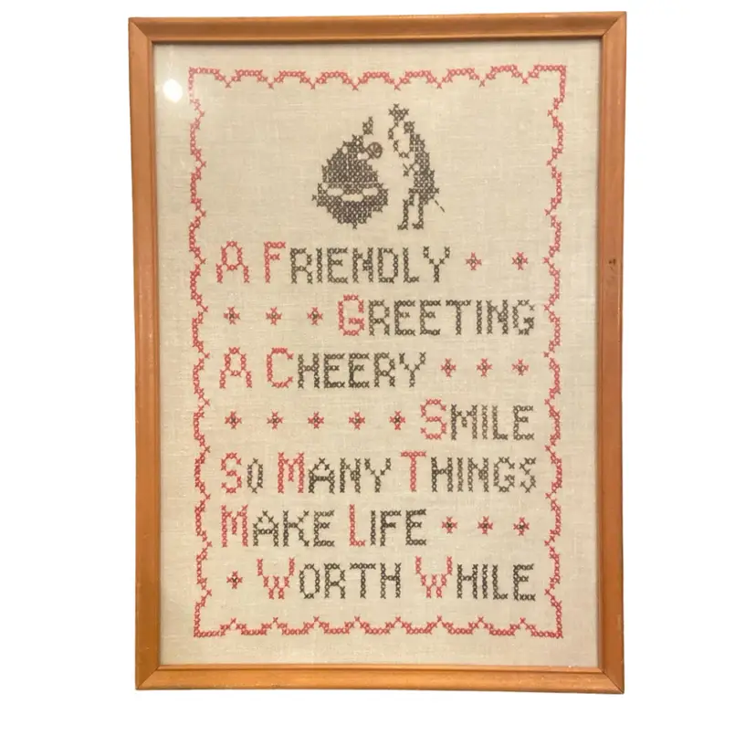 Vintage 1940s Cross Stitch Betsy Ross Needlework Framed “A Friendly Greeting ..”