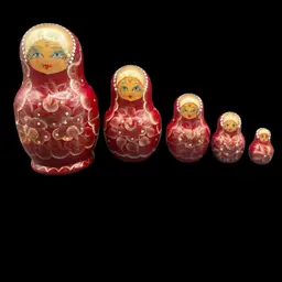 #262B Vintage Handmade And Hand Painted Set Of 5 Wooden Nesting Matryoshka Dolls. Lady, Floral, Red, White & Gold. Marked And Signed On Bottom