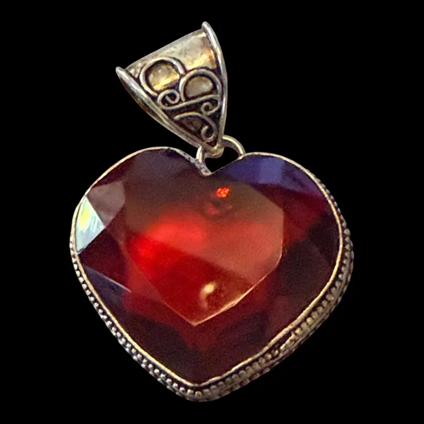 Faceted Red Rhi Eat one Heart Shaped Sterling Silver Pendant 1.75”