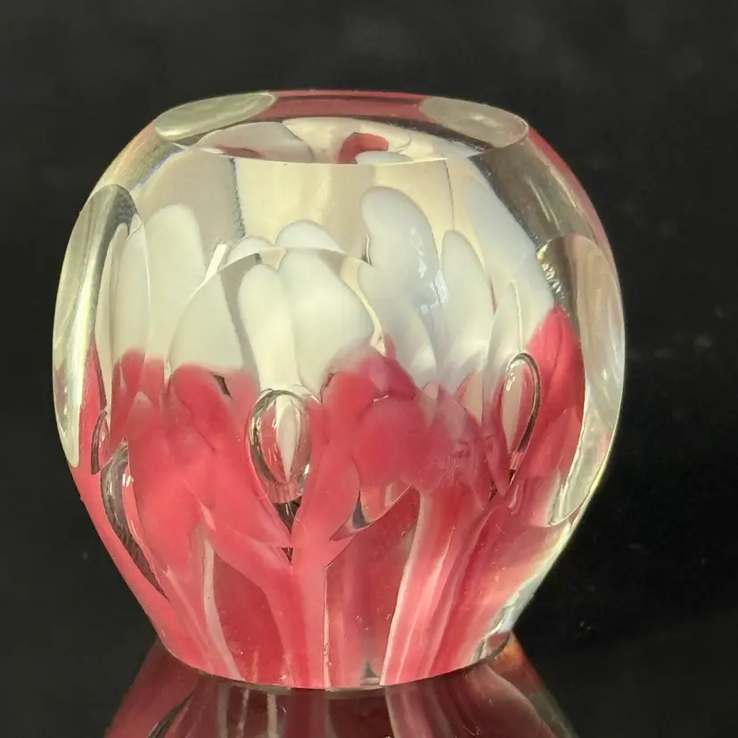Small Faceted Glass Six Window Controlled Bubble Pink And White Floral Paperweight 1.75”