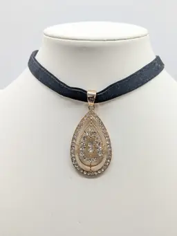 Black Velvet Choker Gold Tone Teardrop Rhinestone Pendant