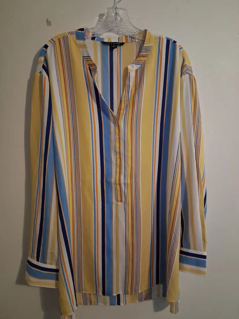 Ladies XL Multi Color Striped LS Half Button Front Tie Accent Blouse (B30)