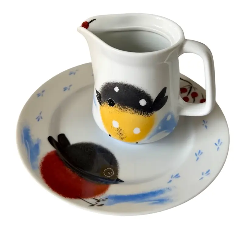 Helina Tilk Hand Painted Chubby Birds Creamer & Plate From Estonia Red•Yellow•Blue