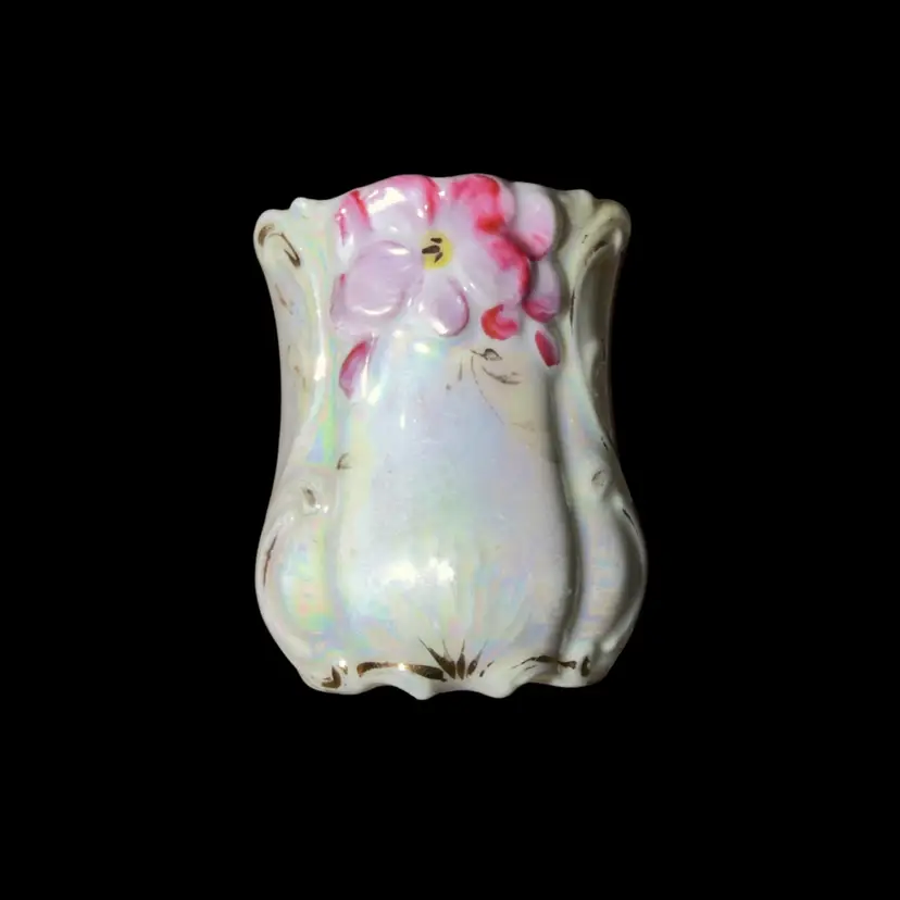 Antique German Porcelain Lusterware Iridescent Floral Toothpick Holder Unmarked