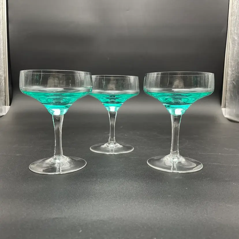 Sasaki Harmoney Aqua 6fl OZ Champagne/Tall Sherbet Glasses Japanese Set of 3 MCM