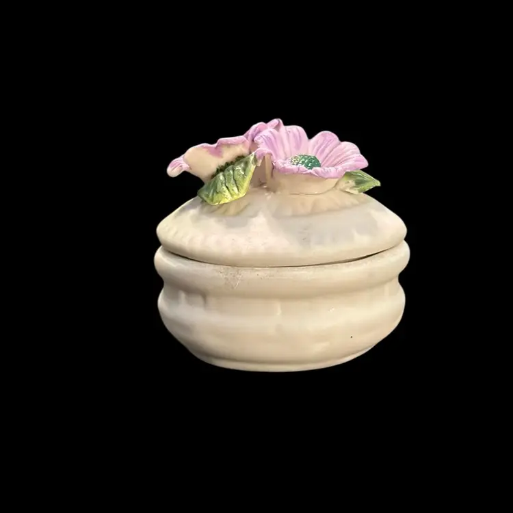 Bisque Porcelain Trinket Dish With Lavender Flowers