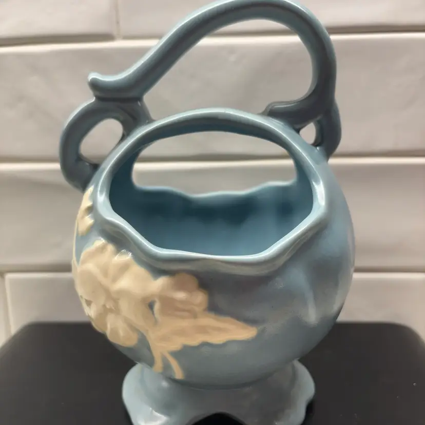 VTG Weller Pottery Blue Cameo Basket Vase – White Raised Flowers, Double Handle