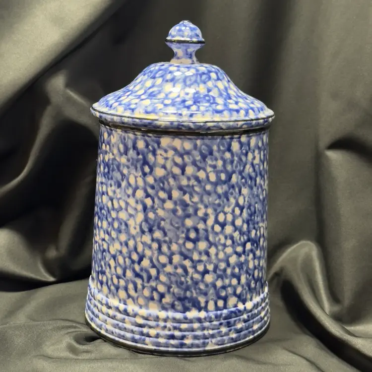 #1645 Vintage Quon Quon Company Country Manor Blue White Spotted Splatter Ceramic Canister With Lid