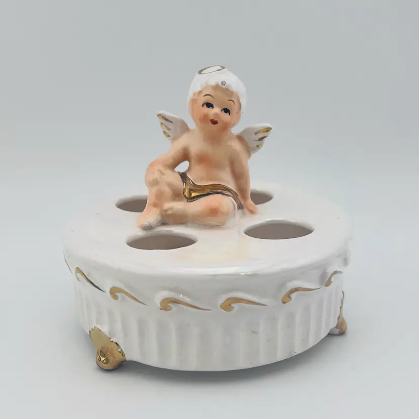 Vintage Iridescent Ceramic Kitschy Cherub Lipstick Holder By Gift Ideas Creation Philadelphia PA 3.5” READ