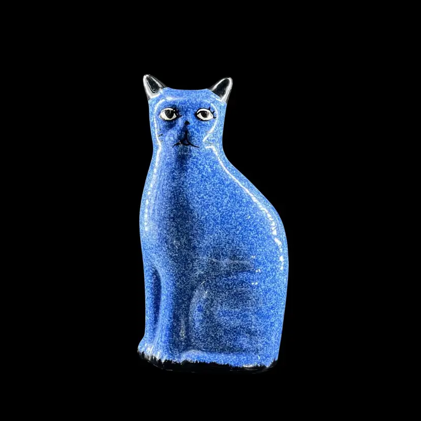Vintage Cat Figurine Blue Sponge Ware/ Speckled Paint Pattern & Hand Painted Facial Features