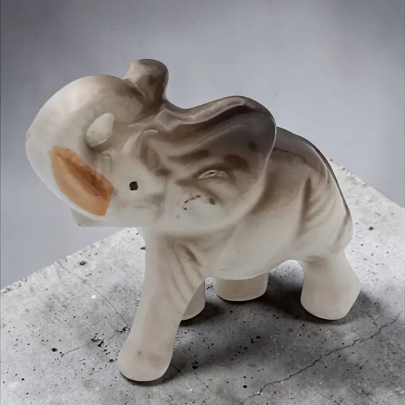 Vintage Ceramic Cream and Brown Elephant Trunk Up Good Luck Figurine Japan