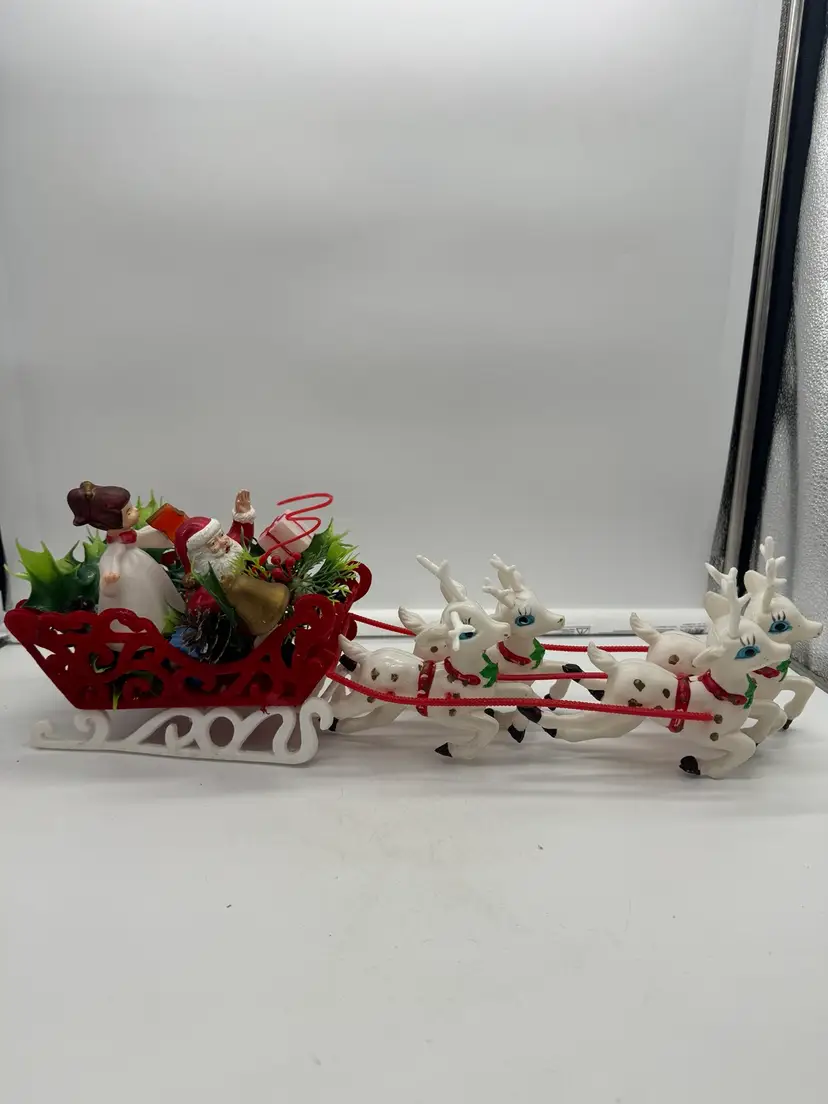 Vintage Christmas Santa Claus In Sleigh With White Reindeer