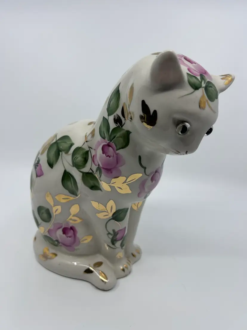 Vintage Porcelain Cat Figurine Pink & Gold Leaves & Florals 9”
