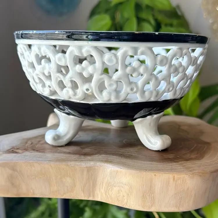 Hand Painted Italian Black-And-White Pedestal Bowl