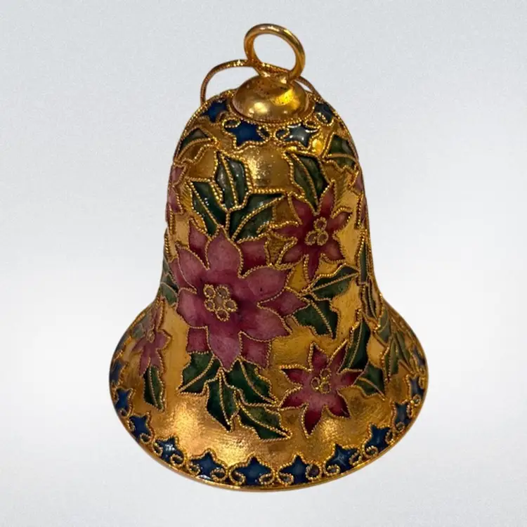 Vintage Gold Cloisonné Poinsettia Flowers Christmas Bell Ornament, 3.5”x 3”