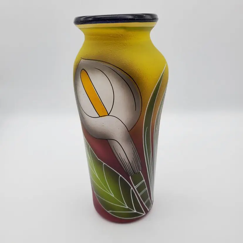 Vintage Art Glass Vase Hand Painted Calla Lilies Floral Cobalt Blue Rim Decor