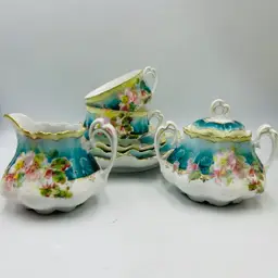 Antique N.D. & Co Carlsbad China Austria 7 Pc Tea Cup Saucer Sugar Creamer Dessert Plate