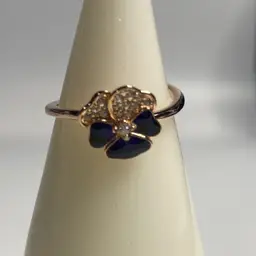 #27 Pandora Gold Plate Over Sterling Silver 925 Ring, Size 7, Pansy Enamel & Crystal Rhinestone