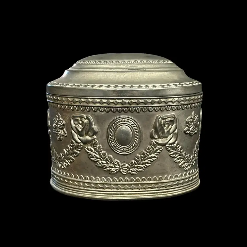 Vintage Heavy Silver Plated Jewelry Casket Trinket Box
Navy Blue Velvet Lined 5"