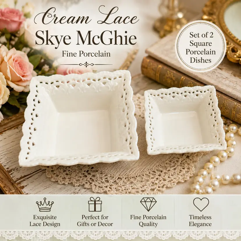 Skye McGhie Cream Lace Fine Porcelain Square Bowls Set of 2 Trinket Dishes