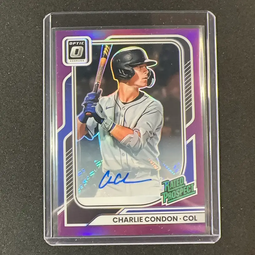 Charlie Condon 2026 Donruss Optic Rated Prospect Auto Purple /99 Colorado Rockies