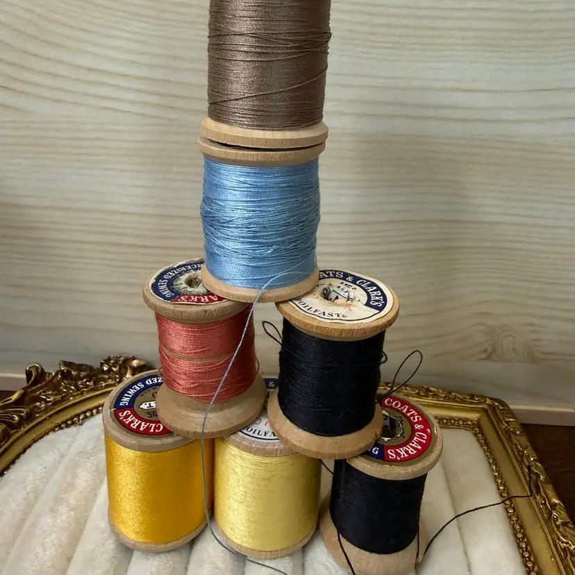 Seven Vintage Wooden Spools Of Thread