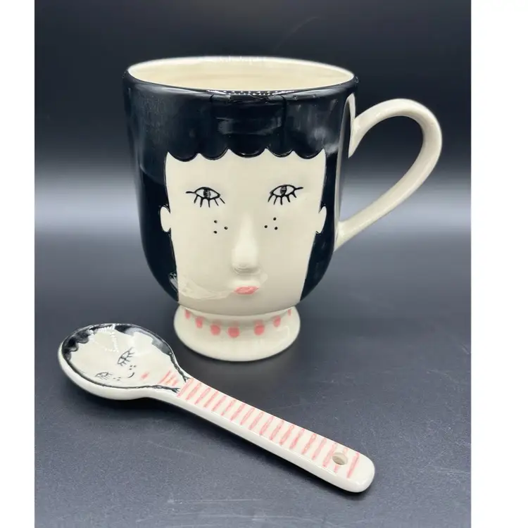 Figural Girl Ceramic Mug And Spoon Set