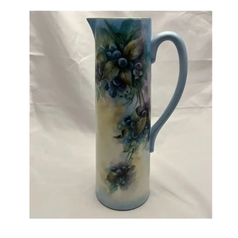 Hand Painted Pitcher, Signed by Ruth Widener, Blueberries 1992 Vintage EUC