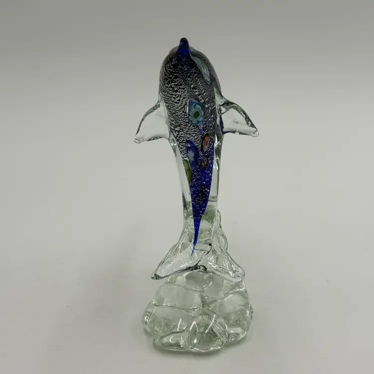 Blown Art Glass Blue Jumping Dolphin Figurine Paperweight Silver Flakes And Millefiori On Clear Base