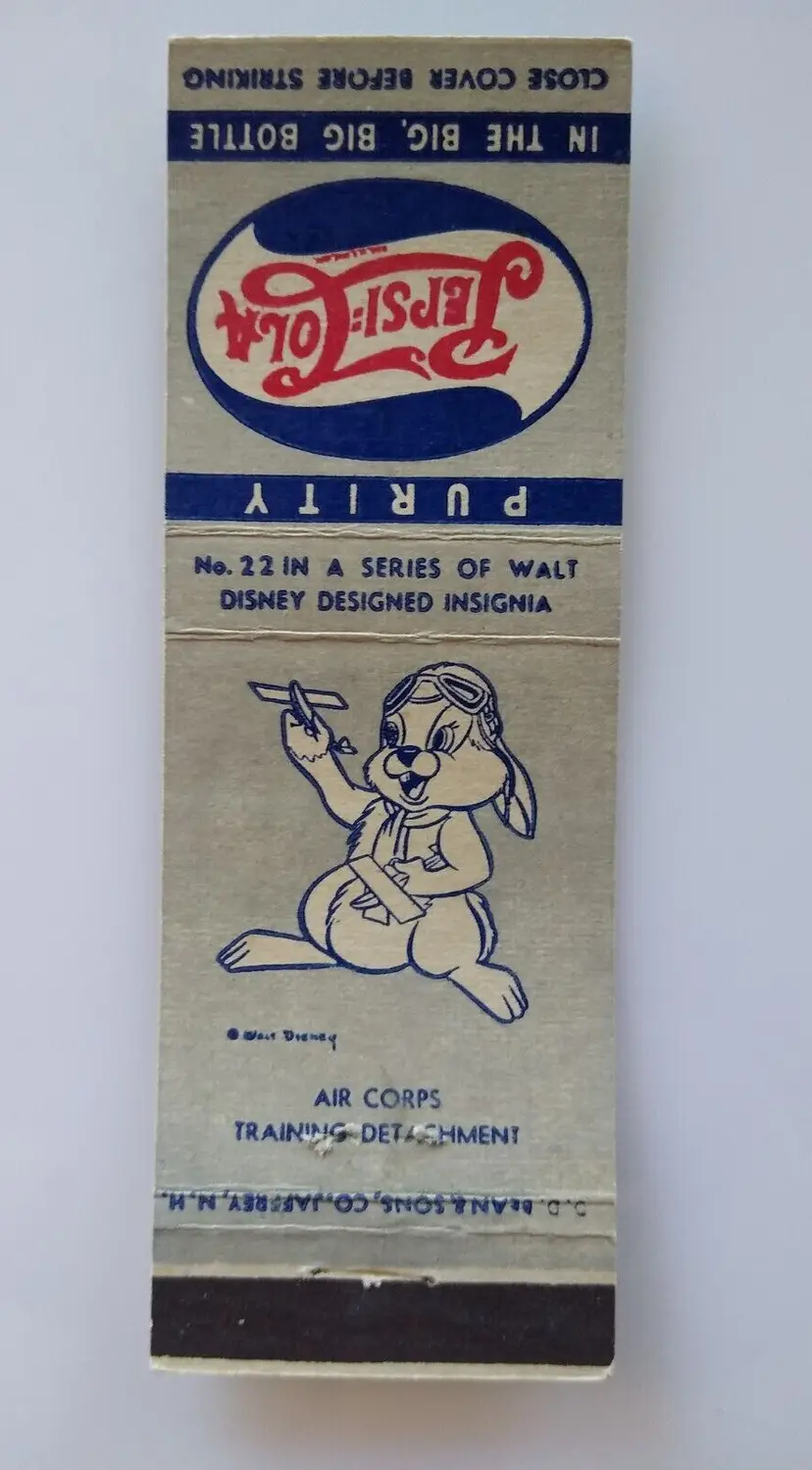 Pepsi Cola Matchbook Cover Walt Disney #22 Thumper Rabbit Air Corps Plane 1940's