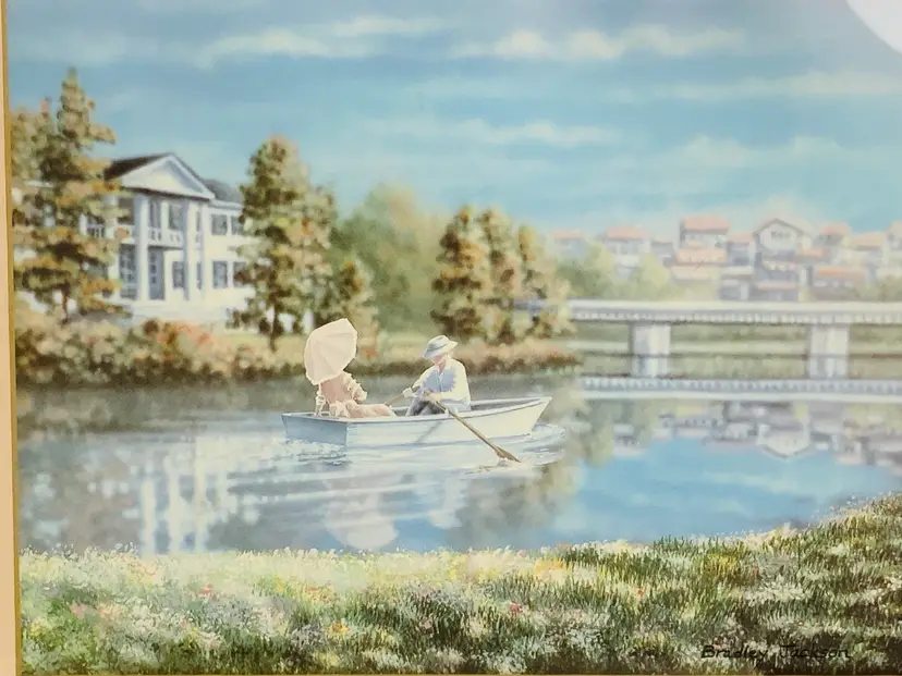 Framed Impressionist Painting Of A Couple Paddling On A Tranquil Lake In A Small Boat