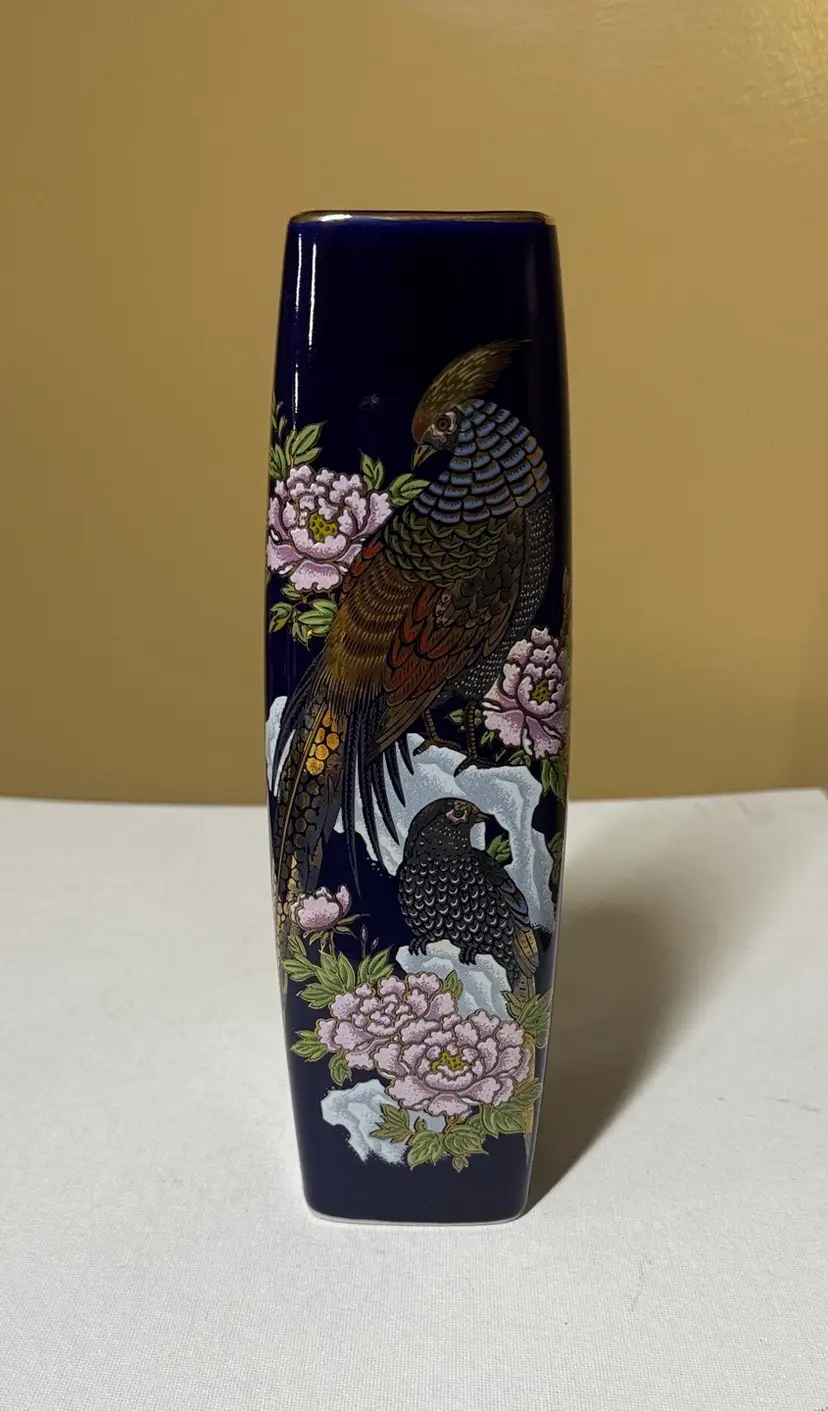 Japanese Kutani Porcelain Vase Square Cobalt Blue Pheasants & Pink Flowers 9.5”