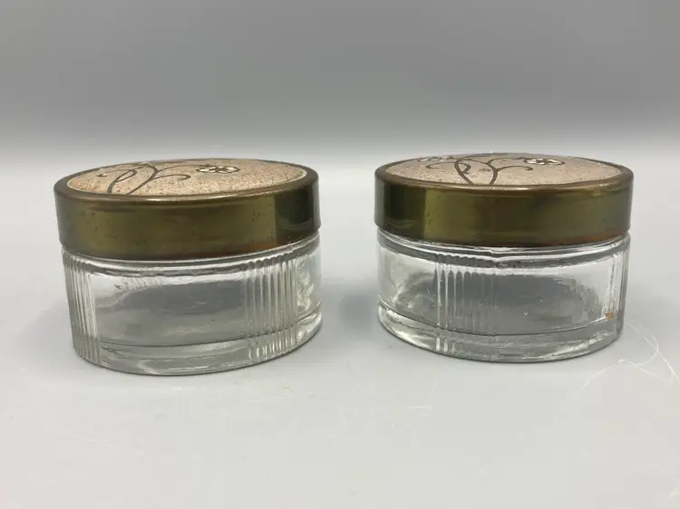 Vintage Metal Lid and Glass Base Cosmetic Vanity Jars / Trinket Dishes