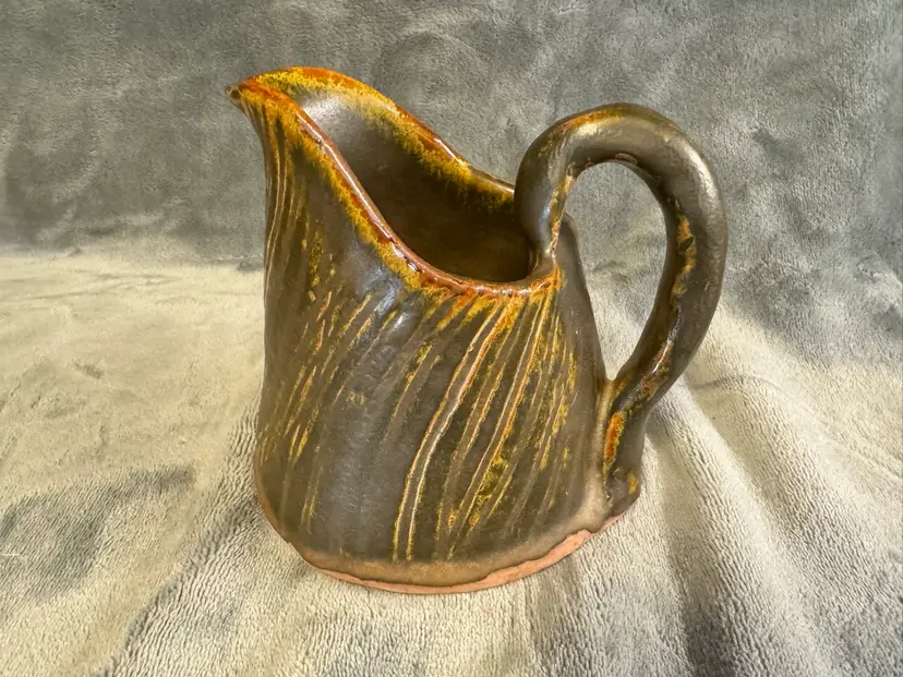 Vintage Studio Art Pottery Pitcher Brown Green Earth Tone Signed Tree Trunk 5”