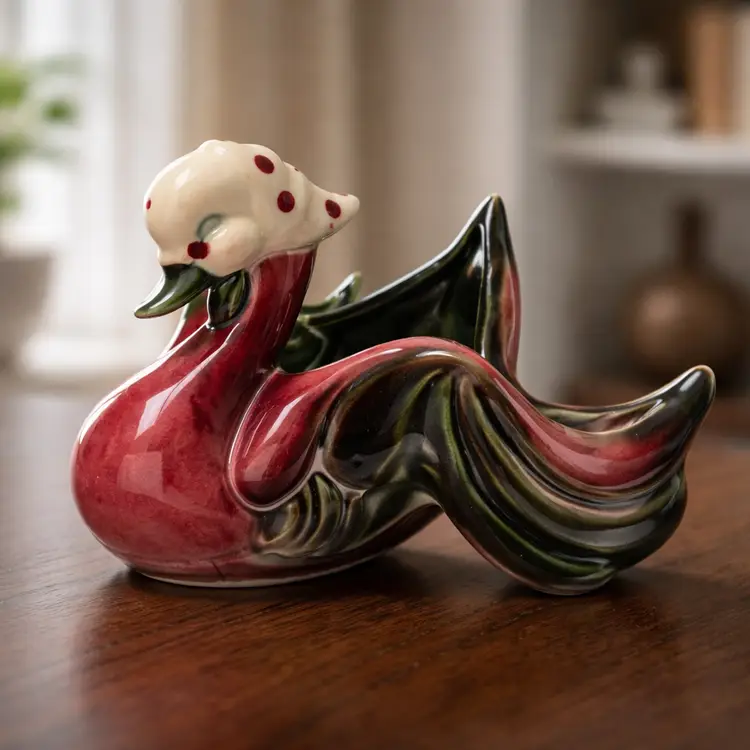 Vintage 1950's Hull Pottery Swan/Duck Planter w/ Polka Dot Head Scarf, 5.25" Tall