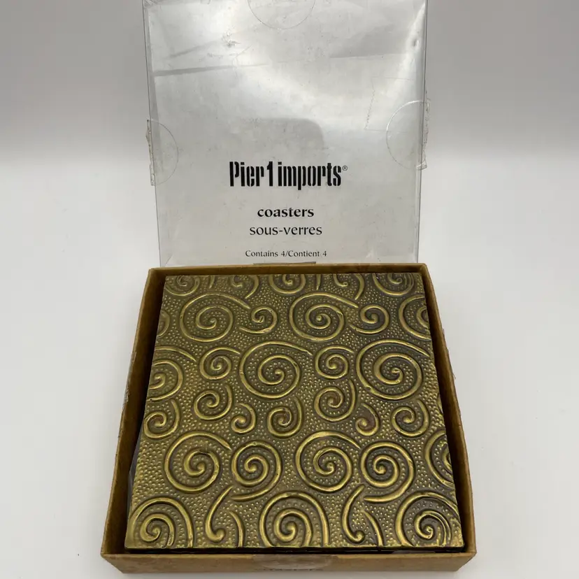 Pier 1 Imports, Embossed Metal Coasters, Bronze-toned Swirl Pattern, India